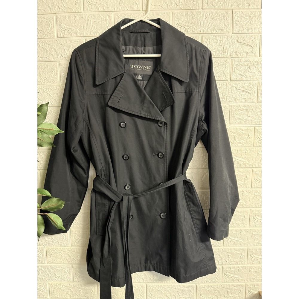 London Fog Towne Womens Trench Coat Black Belted Lined Cotton Blend Size L